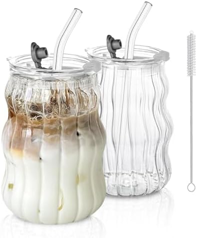 KEMORELA Ribbed Glass Cups with Lids and Straws，18oz Cute Iced Coffee Cups by KEMORELA