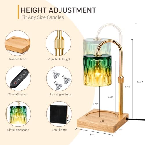 TOACSUCP Candle Warmer Lamp with 3 Bulbs, Adjustable Height Dimmable Candle Warmer with Timer, Compatible with Large Jar Candles, Candle Lamp with Charming Gift Box Ribbon for Her/Him (Green Amber) - Image 2
