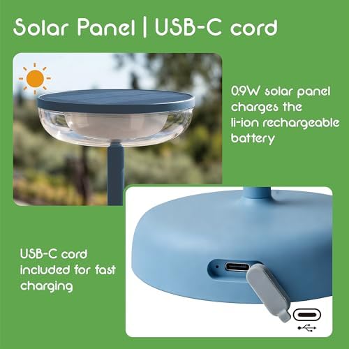 Cocktail Style Solar Table Lamp, USB-C, Dimmable, Blue, 1pk - Image 2