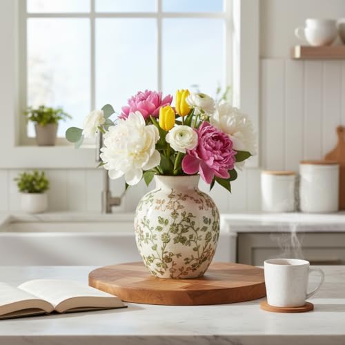 SIDUCAL Ceramic Green and Beige Antique Vase, 5.83 Inch Retro Ice Cracked Chinoiserie Floral Vase, Rustic Farmhouse Vases for Home Decor, Bookshelf, Office, Garden, Chinoiserie Decor, Tuscan Decor - Image 6