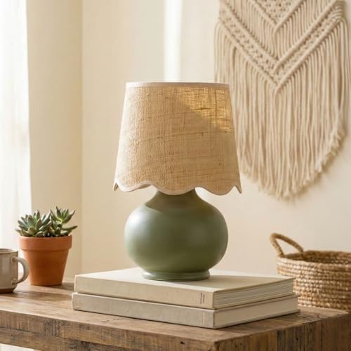 Benton Ceramic Table Lamp with Fabric Shade – 13" Bedside Accent Lamp for Bedroom, Living Room & Nightstand (Green) - Image 3