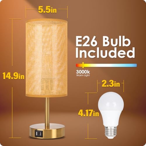Yarra-Decor Bedside Lamp with USB Port - Touch Control Table Lamp for Bedroom Wood 3 Way Dimmable Nightstand Lamp with Round Flaxen Fabric Shade for Home Office (LED Bulb Included) (Y - NET) - Image 6