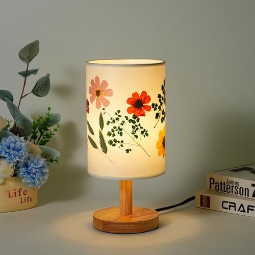 Decorative Table Lamp with Floral Shade Design, Wooden Base, Fabric Lampshade, Ambient Lighting for Bedroom, Living Room (White) - Image 5