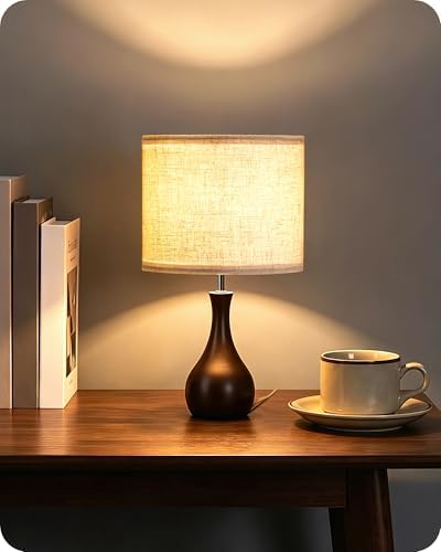 Small Table Lamp, 14.2" Cute Little Desk Lamp, Wood Bedside Lamp with Linen Lampshade, Modern Nightstand Lamp for Bedroom, E26 Base, Bulb Not Included, Beige & Dark Walnut STE09TL05 by GOEBLESON