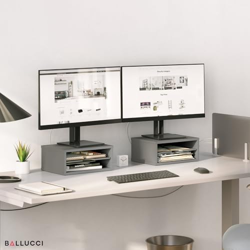 Ballucci File Organizer, 2-Tier Document Paper Sorter, Stackable Wood Desk Organizer Mail Holder, Monitor Stand with Storage Shelves, Gray - Image 3
