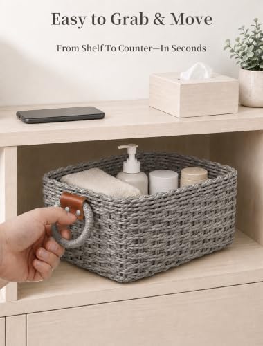 Small Wicker Baskets, 3 PCS Paper Rope Baskets for Shelves, Gray - Image 5