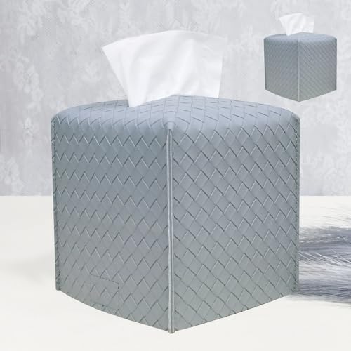 HOMOTEK 2 Pack Tissue Box Cover,PU Leather Tissue Holder,Square Decorative Facial Tissue Cube Paper Organizer Dispenser for Bathroom, Night Stands, Desk, Car 5X5X5'' - Woven Waffle,Light Gray by HOMOTEK
