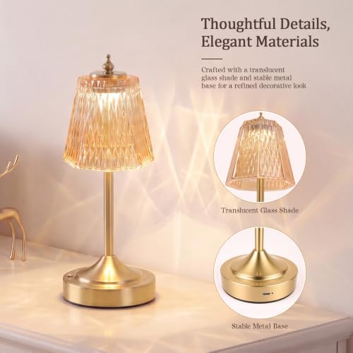Cordless Table Lamp, Rechargeable Gold Faceted Glass Touch Lamp - Image 5