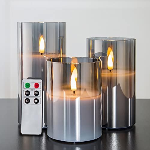 Eywamage Smoke Grey Glass Flameless Pillar Candles with Remote, Flickering LED Battery Candles Table Decor Set of 3 by EywamageCandles