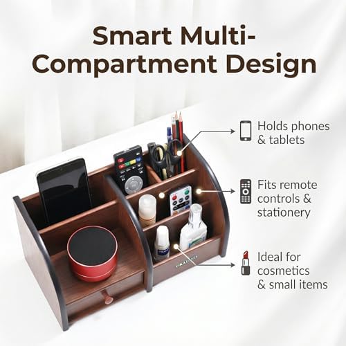 Wooden Desk Organizer with Drawer, Multi-Compartment Desktop Storage for Office Supplies, Remote Control, Phone, Makeup & Accessories - Image 3