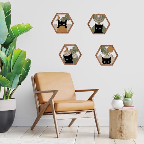 HPNIUB Boho Black Cat Wall Decor, Farmhouse Geometric Hanging Wooden Wall Art, 4 Pieces 11''x9.8'' Mid Century Bohemian Abstract Moon and Sun Wood Sign for Nursery Bedroom Decoration, Lovely Cat Gifts - Image 4