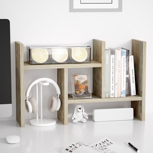 Jerry & Maggie Desktop Organizer Office Storage Rack Adjustable Wood Display Shelf Free Style Double H, Multi-Functional Mini Bookshelf for Desk Natural Stand (Gray Oak) by JERRYMAGGIE