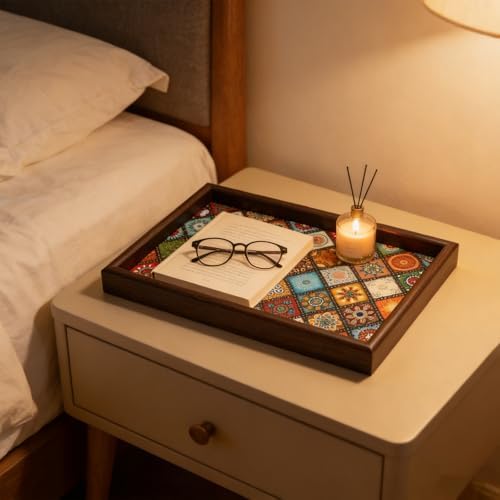 Wooden Valet Tray with Leather Base, Boho 11.8x7.9 - Image 4