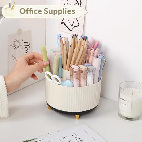 SKYDUE 360 Rotating Organizer, Dual-Purpose Pencil Pen Holder, 5-Slot Rotating Pencil Cup for Office, School, Home (Beige-Black) - Image 3