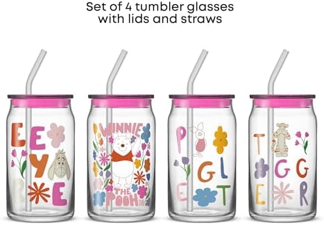 JoyJolt Disney Winnie the Pooh & Friends Flower Power Glass Tumblers with Lids and Straws, 16oz Glass Cups with Lids and Straws, Can Shaped Drinking Glasses Set of 4, Disney Gifts for Adults - Image 4