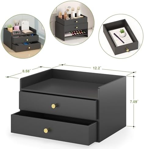 Bamboo Desk Organizer - Stackable, No Assembly Required, Ideal for Office/Home Use - Perfect for Toiletries, Stationery, Accessories. (Black, Two level drawer box with sides) - Image 2