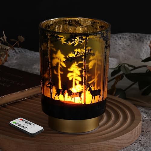 Eywamage Battery Operated Table Lamp with Remote, Forest Deer Cordless Glass Lamp for Bedroom Living Room Kitchen by EywamageCandles