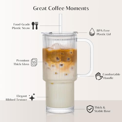 INSETLAN 24 oz Ribbed Glass Tumbler with Handle, 2-Pack Iced Coffee Cups - Image 6