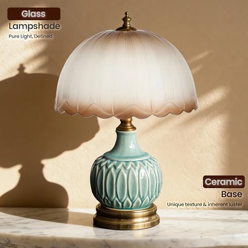Vintage Green Ceramic Small Table Lamp with Amber Glass Shade - Image 2