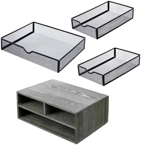 MyGift Vintage Weathered Gray Solid Wood Desktop Organizer Box with 3 Removable Black Metal Mesh Trays, Office Desk Supplies Storage Drawers for Accessories - Image 6