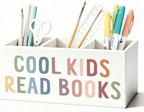 Book Lovers Gifts Pen Holder, Book Reader Gifts Pencil Holder for Desk, Boho Cool Kids Read Books Wooden Box Sign Decorations for Reading Room Corner Nook Classroom Desk Tabletop by Unknown