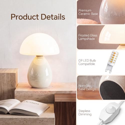 Dawnwake Mushroom Lamp Table Lamp for Bedroom-Small Desk Table Lamps,Cream - Image 4