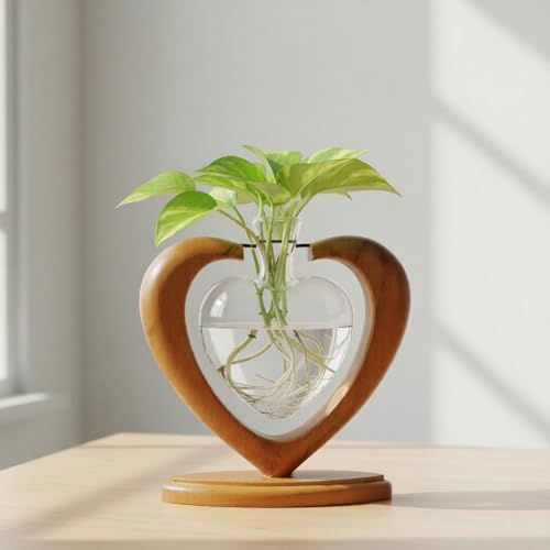 Plant Propagation Station, Heart Glass Vase, Solid Wooden Stand by Joyathome