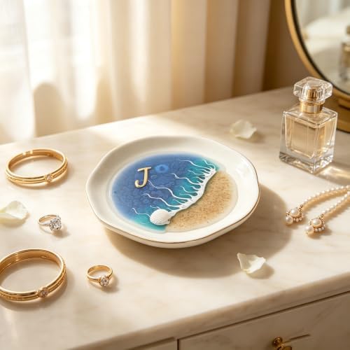 Small Bathroom Ring Dish, Ocean Resin Jewelry Tray, Ceramic Beach Wave Earring Holder, Waterproof Trinket Tray for Vanity Counter, Nightstand, Shower Side (J) - Image 2