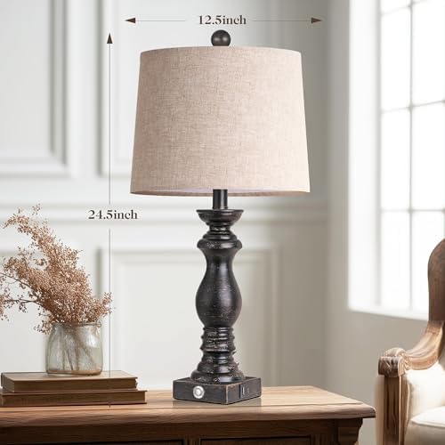 24.5" Table Lamp Set of 2, Rustic Farmhouse Bedside Lamps with USB A+C Charging Ports, 3-Way Dimmable Touch Control Nightstand Lamps for Living Room Bedroom, Antique Black, LED Bulbs Included - Image 5