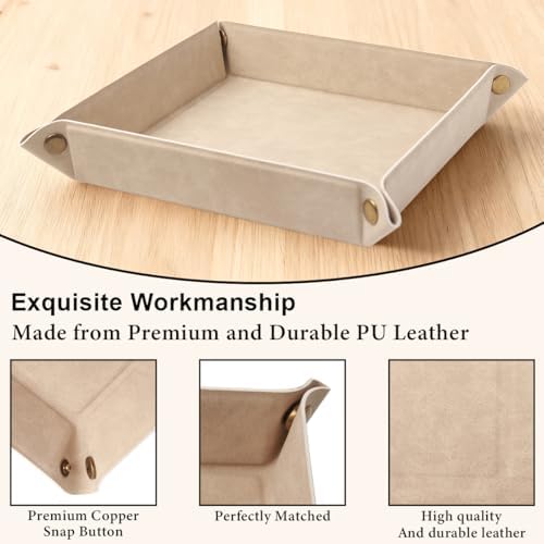 Valet Tray Desktop Storage Organizer – Premium PU Leather Catchall Bedside Vanity Tray Nightstand Caddy Holder for Remote Controller, Keys, Phone, Wallet, Coin, Jewelry,Apricot - Image 4