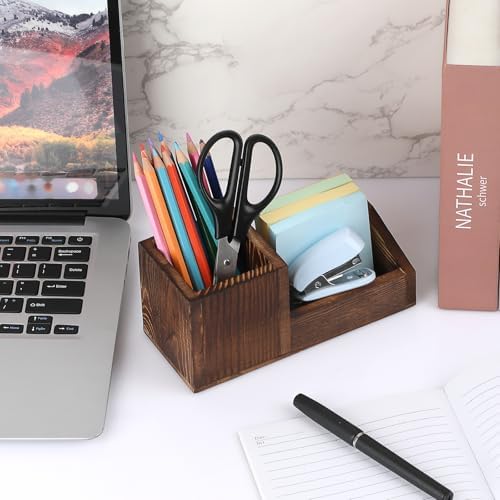 Hipiwe Vintage Wood Business Card Holder Stand for Desk with Pen Pencil Cup - Image 5