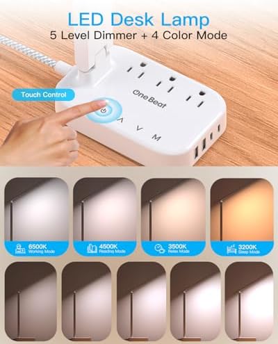 LED Desk Lamp, 10Ft Power Strip with 3 Outlets 4 USB Ports(2 USB C), White - Image 2
