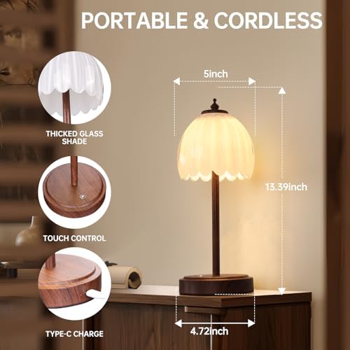Shenmoyl Tulip Table Lamp with 5200mAh Battery & Touch Control, Small Cordless Table Lamp with 3 Colors, Rechargeable Battery Operated Table Lamps for Bedroom, Desk, Bedside (White-Walnut Color) - Image 6