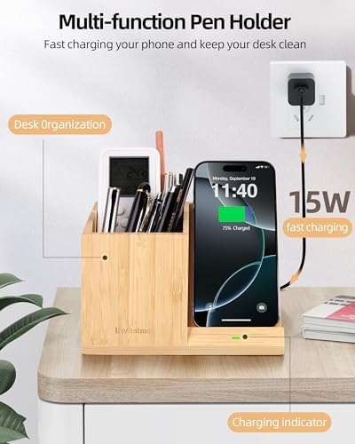 3-in-1 Bamboo Wireless Charger with Desk Organizer, Pen Holder for Desk - Image 5