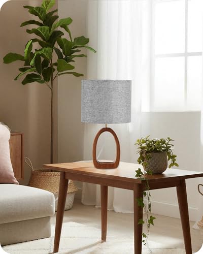 Gray Table Lamp, Small Wood Bedside Lamp with Gray Linen Lampshade & Dark Pearwood Base, Modern Nightstand Lamp for Bedroom, Kid's Room, Cute Desk Lamp with Cable, E26 Socket, LH07TL05 - Image 2