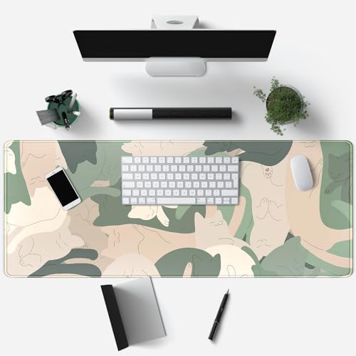 Green Simple Cat Desk Mat Sleeping Cute Long Cool Mouse Pad for Laptop Gaming Computer Keyboard Pad Office Decor Desk Pads Accessories On Top of Desks Office Supplies Mat (31.5x11.8In) Stitched Eges - Image 3