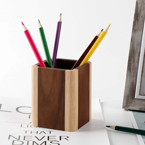 Natural Wood Desk Pen Holder Pencil Organizer Desktop Office Pencils Stand Holder Simple(Maple side walnut center) - Image 5