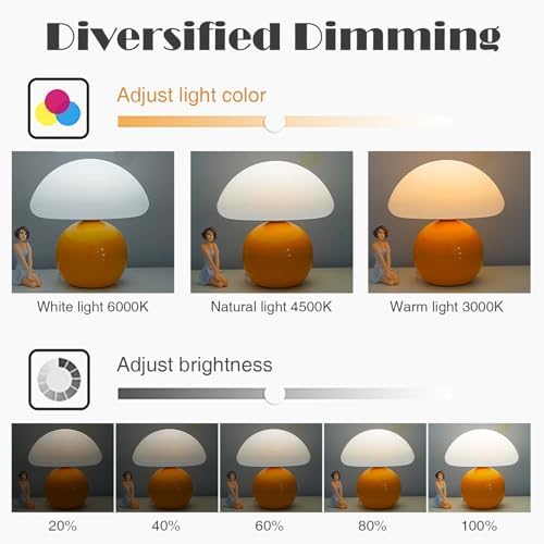 Cute Small Mushroom Lamp, PE Lampshade, Ceramic Base, Adjustable Light Color and Brightness with Power-Off Memory, Safe USB Powered, LED Mushroom Light for Bedroom Living Room (Orange) - Image 5