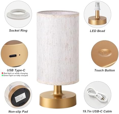 Kakanuo Cordless Table Lamp Rechargeable Small - 1 Pack Beige Gold, 4000mAh Battery Operated Lamp with Touch Control Stepless Dimming, Wireless Lamp for Bedside, Nightstand, Bedroom, Living Room - Image 6