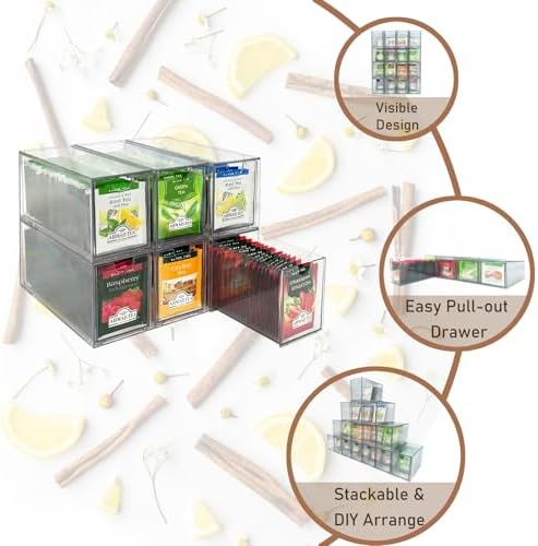 AZEZO 6-Pack Tea Bag Drawers Organizer - 6 Clear Plastic Drawer Tea Bag Holder; Stackable & Portable; Wider Size; Well-Organized Storage for Tea Bags Storage Chests；High Volume - Image 4