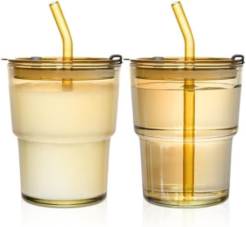 13oz Reusable Iced Coffee Tumbler with Lids,Clear Tumbler Water Glass,2 Pack Glass Cups with Straw and Lid,Glass to go Coffee Cup for Drinking Matcha, Water, and Juice(Amber by AUFXKOO