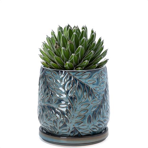 D'vine Dev Embossed Leaves Ceramic Planter, 5 in, Ocean Teal, 27-A-V-8 by DvineDevPlanterPotsandStand