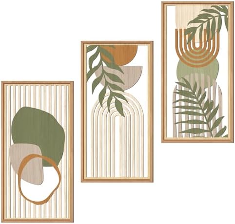 IARTTOP Boho Mid-Century Modern Wood Wall Art 8x16 Inch Framed Green Bohemian Abstract Wooden Wall Decor Set of 3 Minimalist Geometric Leaf Artwork for Living Room Bedroom Office by IARTTOP