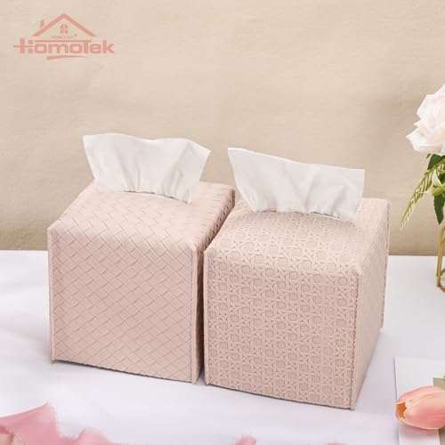 HOMOTEK 1 Pack Tissue Box Cover, Square PU Leather Tissue Holder, Decorative Facial Tissue Cube Paper Organizer Dispenser for Bathroom, Night Stands, Desk, Car 5X5X5'' - Rattan Weave, Macaron Pink - Image 6