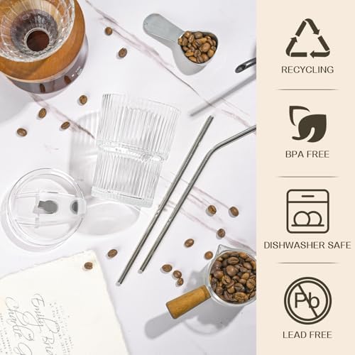 13oz Iced Coffee Cups,2Pcs Glass Cups with Lids and Straws Drinking Glasses,Clear Ribbed Glassware,Reusable Tumbler Glass to Go Cup for Matcha, Iced Tea,Juice - Image 3