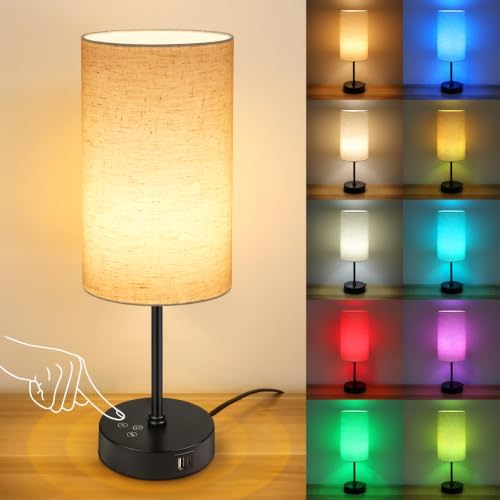 Unicozin 17Inch Table Lamp for Bedroom, Touch Control Bedside Lamp for Reading, 3 CCT & 7 RGB Color Changing, Dimmable Nightstand Lamp for Kids Room Living Room Office, Beige Shade by Unicozin