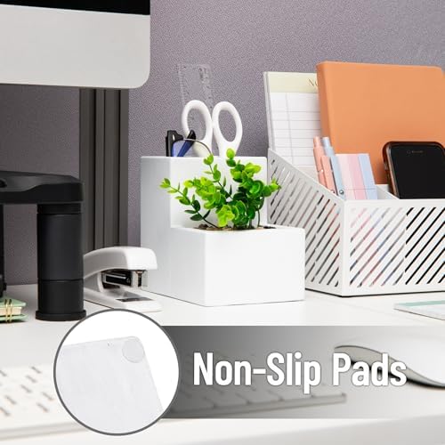 Mind Reader Ceramic Desktop Planter Pencil Cup, Desk Organizer with Faux Succulent, White - Image 4