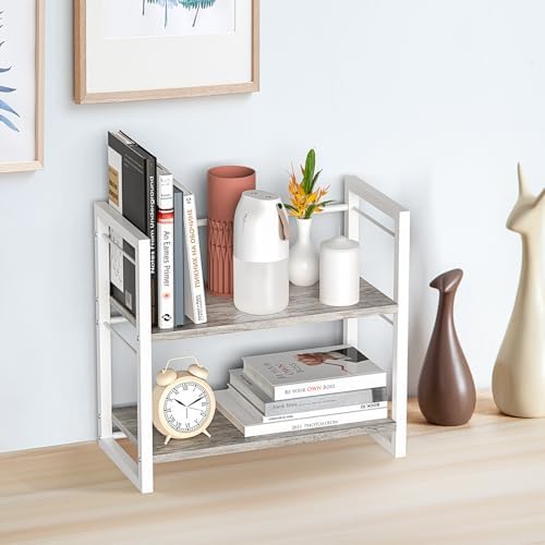 Office Desk Shelf Organizer, Wood Desktop Bookshelf Supplies Storage Rack, Shelf for Top of Desk and Dresser (Grey-2 Tier) - Image 2