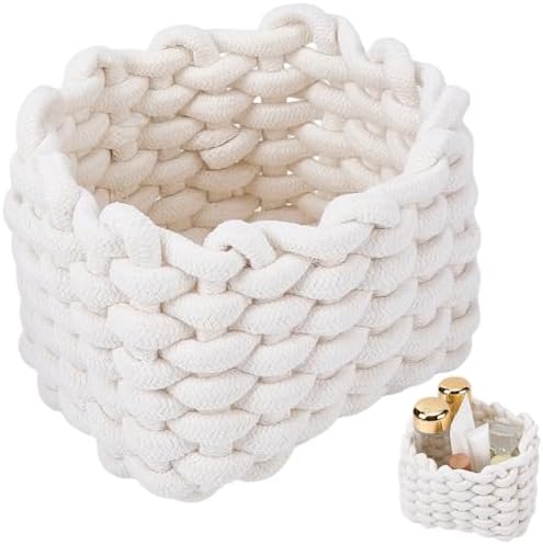 CREATCABIN Woven Small Baskets Cotton Rope Baskets for Organizing Bins White Mini Tiny Baskets Boho Square Storage Basket for Nursery Cosmetics Living Room Bathroom Cube Shelf Home Decor 7x5x6Inch by CREATCABIN