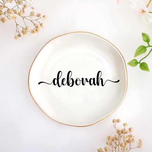 JoycuFF Deborah Personalized Name Ceramic Jewelry Tray, Mothers Day Christmas Anniversary Engagement Birthday Gifts for Women Couples, Trinket Dish for Rings Earrings Necklaces Bracelets Keys by Joycuff